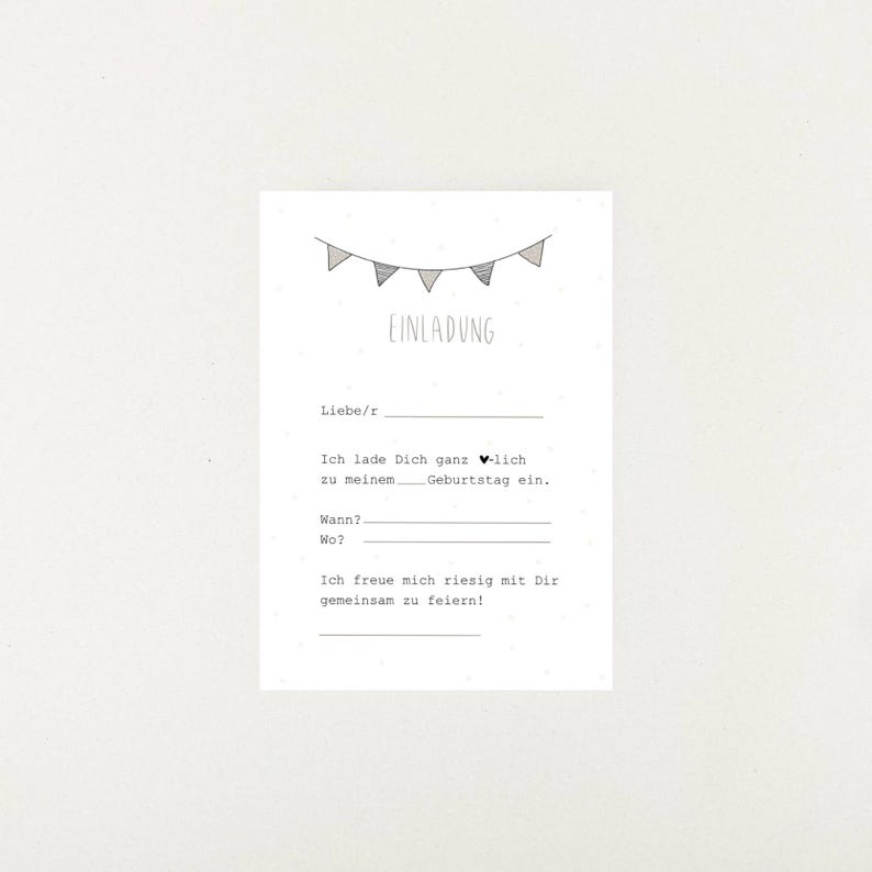 May include: A simple, white invitation card with a gray banner design and the text "EINLADUNG" at the top. The card has blank lines for the recipient's name, the date, and the location of the event. The text reads: "Liebe/r, Ich lade Dich ganz herzlich zu meinem Geburtstag ein. Wann? Wo? Ich freue mich riesig mit Dir gemeinsam zu feiern!"