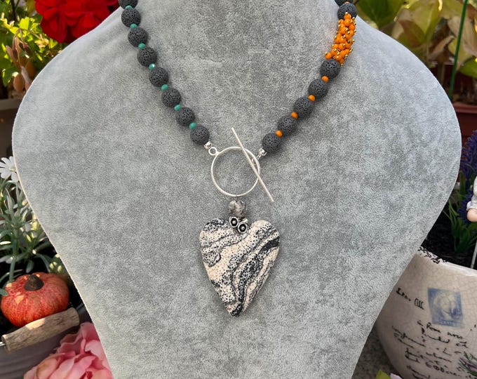 black green orange lava beads ladies necklace, heart pendant, 2 clasps, beads Ø 12 mm, statement necklace, necklace, boho style