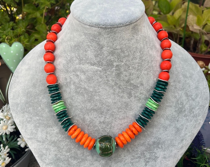 Necklace Orange Howlite Discs Green Howlite and Wood Jewelry, Stainless Steel Magnetic Clasp Ideal Birthday Gift Murano Glass Pendant