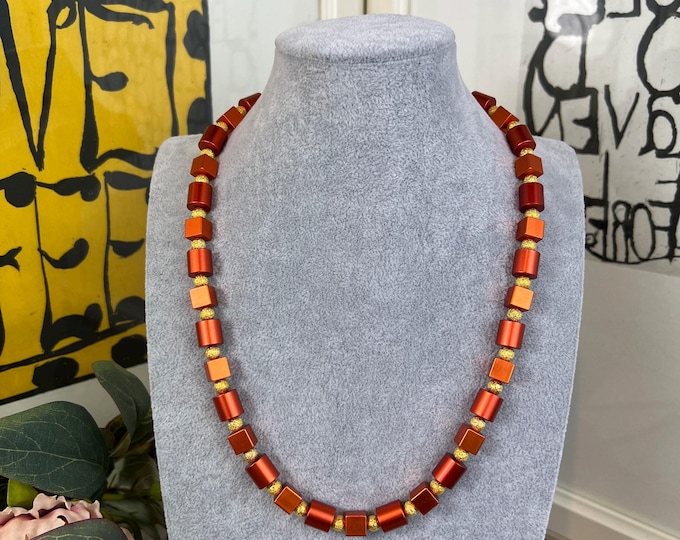 Orange aluminum women's necklace, cube chain, men's, roller chain, necklace, anodized aluminum, gold, cube chain 8 x 8 mm