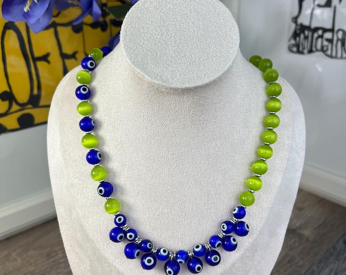 Cat's eye pearl necklace for women and men, green, pearls Ø10, Turkish eye, choker, stainless steel lobster clasp