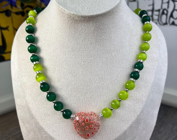 Cat's eye pearl necklace women men green, pearls Ø10, 51 cm length, necklace, stainless steel snap clasp, green, red heart pendant