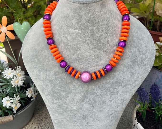 Women's necklace orange howlite discs, Polaris beads, gold or silver colors, stainless steel magnetic clasp, birthday gift for her