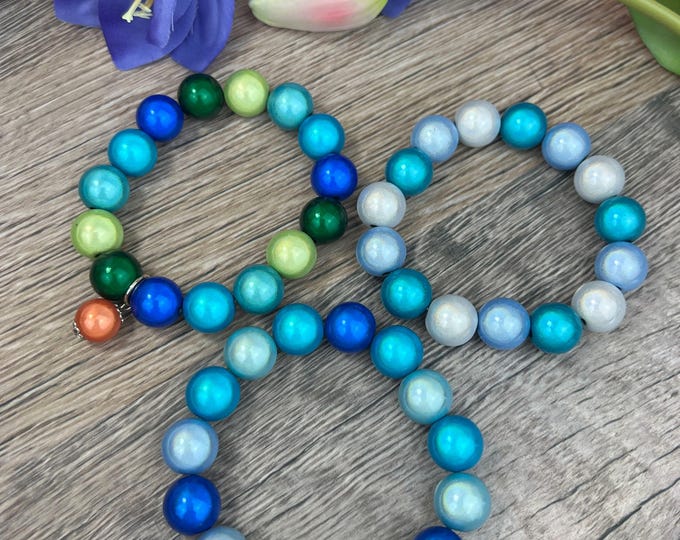 Women's Polaris pearl bracelet, Miracle Beads Ø14mm blue green beautiful bright 3D pearls colorful striking, pendant, flexible band