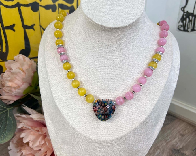 Cat's eye pearl ladies necklace yellow, pearls Ø10, 51 cm long, necklace, stainless steel snap clasp, rose, blue heart pendant, men