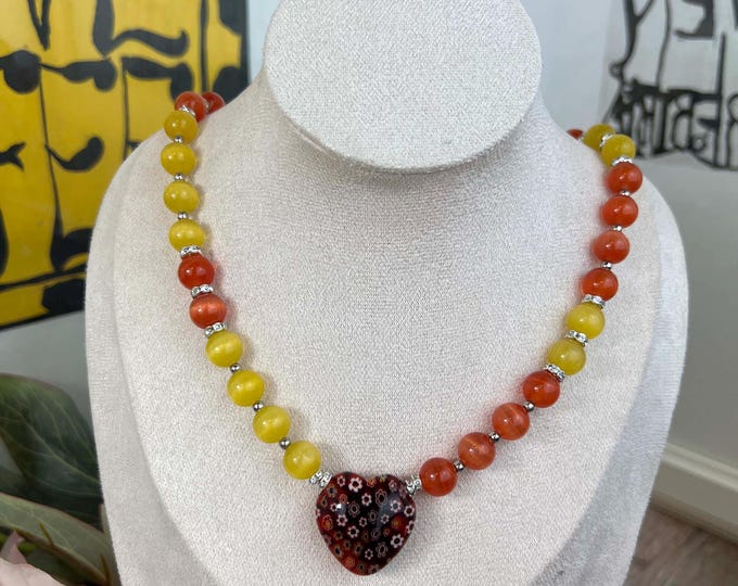 Women's cat's eye necklace with yellow beads, 10 mm diameter beads, 51 cm long, choker, stainless steel lobster clasp, orange; Men's red heart pendant