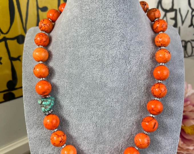 Orange howlite beaded necklace for women, 54 cm length, Ø16 mm, handmade, turquoise, stainless steel magnetic clasp silver-colored