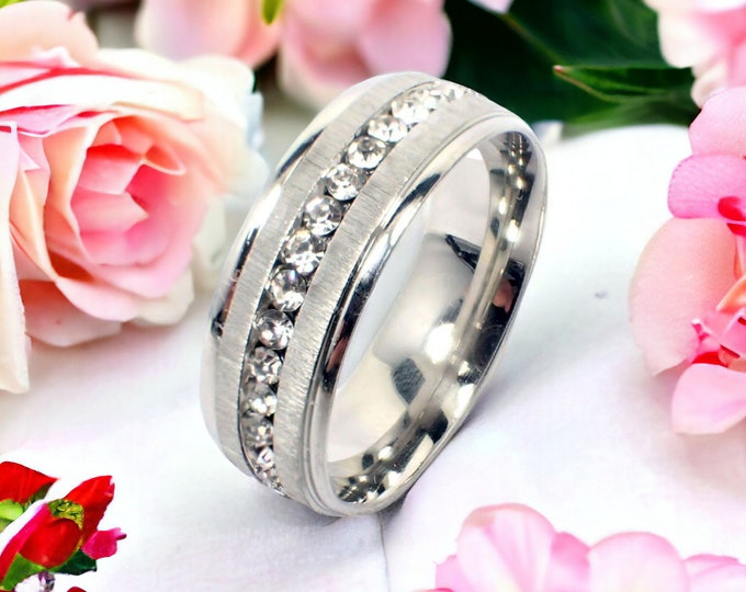 Stainless steel rings women's ring men's band 12 mm rose silver rhinestone friendship ring
