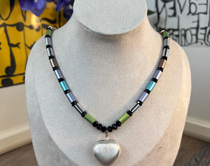 Women's aluminum necklace, roller design, silver; Men's necklace; Aluminum heart pendant necklace, silver; Roller chain Ø6 mm; S-hook