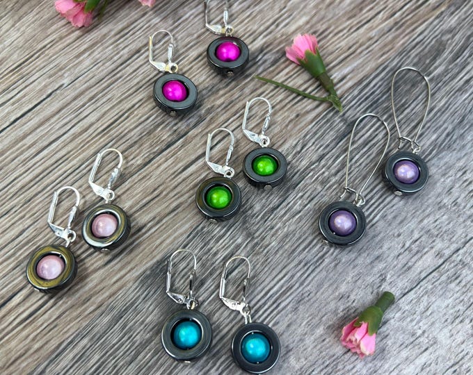 Black hematite rings earrings earrings colorful glass beads, shimmering glass beads, handmade, rainbow, earrings, green rose turquoise