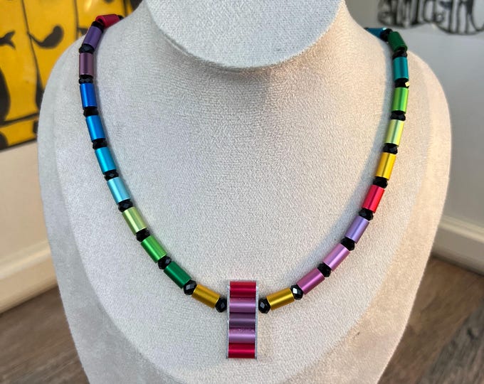 Women's necklace aluminum roller chain rainbow, unisex, aluminum U-rail pendant necklace anodized silver, roller chain Ø6 mm, S-hook, red