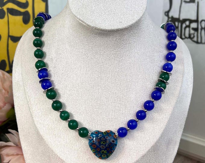 Cat's eye pearl necklace women men blue, Ø10 pearls, 51 cm long, necklace, stainless steel snap clasp, green, blue heart pendant