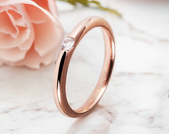 Stainless steel ring stylish ladies ring, vintage rose gold silver 3 mm small, simili stone friendship engagement, IP coating highly polished