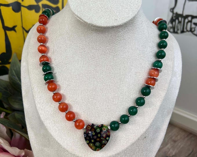 Cat's eye pearl necklace women men green, pearls Ø10, 51 cm long, necklace, stainless steel snap clasp, orange, blue heart pendant