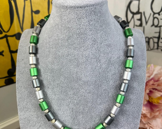 Green and silver handmade women's necklace, anodized aluminum rollers, length 45-51 cm, Ø10 mm, silver, stainless steel clasp, men's