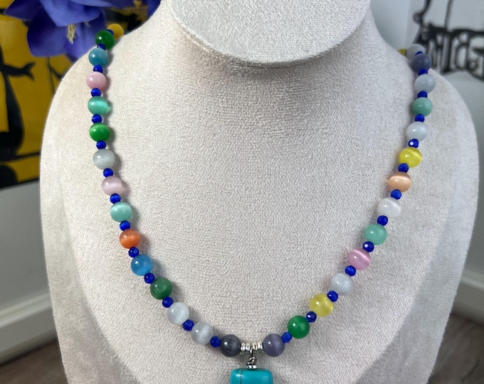Women's Cat's Eye Pearl Necklace, Rainbow Beads, 8 mm Diameter Beads; Men's Gemstone Necklace, Choker, Magnetic Clasp, Turquoise Pendant