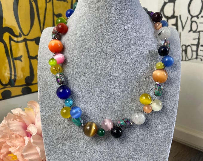 Braided cat's eye necklace for women, summer necklace, rainbow colors, length 51 cm