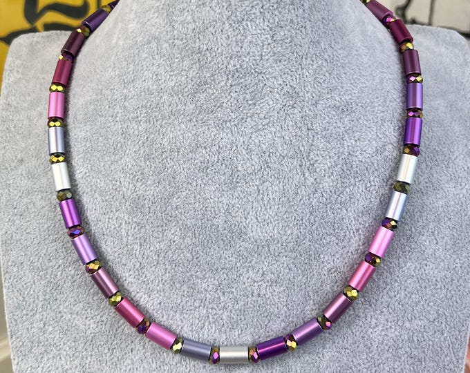 Violet rose silver women's necklace with anodized aluminum cylinders Ø6mm, length 46 cm, multicolor, stainless steel clasp, cylinder, personalized