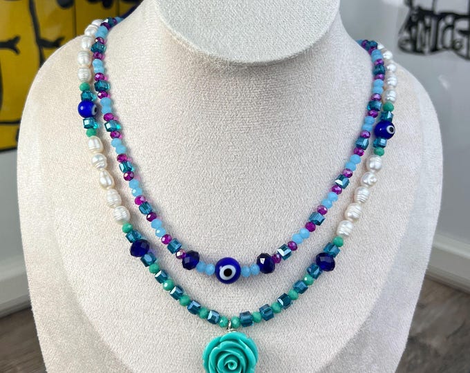 Women's Cat's Eye Pearl Necklace, Turkish Eye, Choker, Double Chain, Lobster Clasp, Statement Jewelry, Pendant, Men's