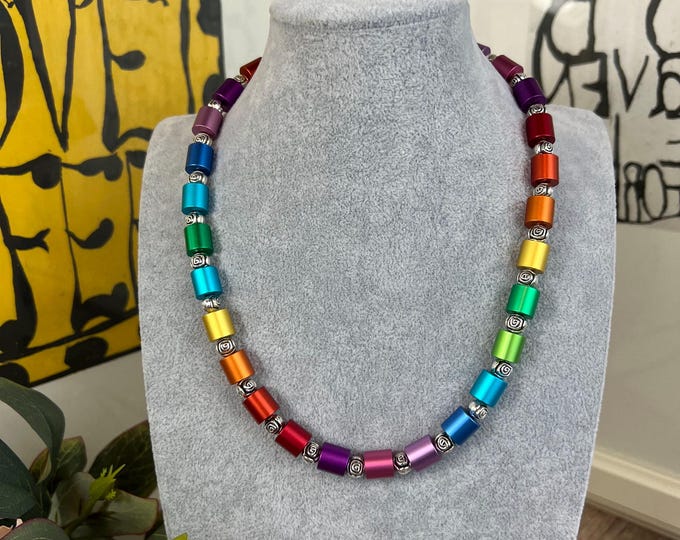 Women's necklace, aluminum cylinder chain, rainbow design; Men's necklace, cylinder necklace, anodized aluminum, colorful, rainbow, roses