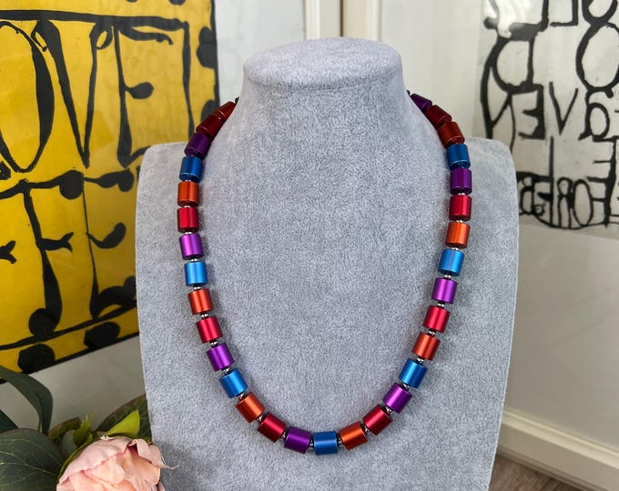 Aluminum cylinder necklace for women, Ø10 mm, blue, red, orange, unisex, men's necklace, length 47 cm