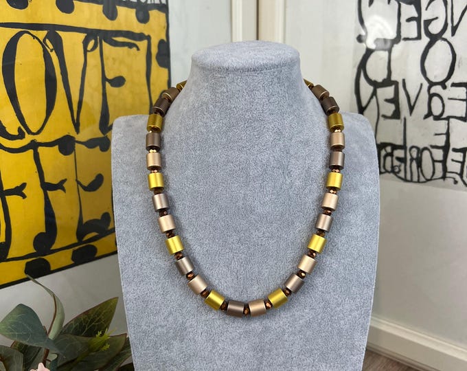 Women's necklace, anodized aluminum rollers, gold beige, Ø10mm, chain length 43 cm - 51 cm, stainless steel clasp, men's