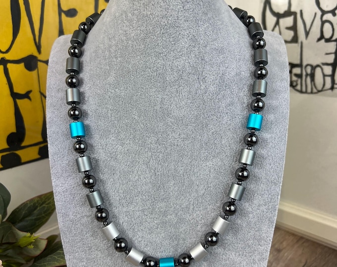 Silver anodized aluminum hematite men's roller chain, pearl necklace length 58 cm, women's, turquoise, stainless steel lobster clasp