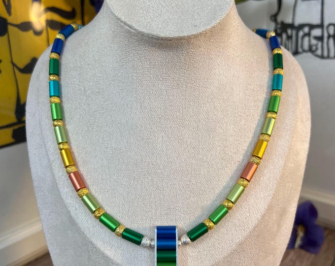 Women's necklace, aluminum roller chain, gold and silver, 46 cm, unisex, pendant, aluminum band, green and turquoise, S-hook clasp, necklace, men's