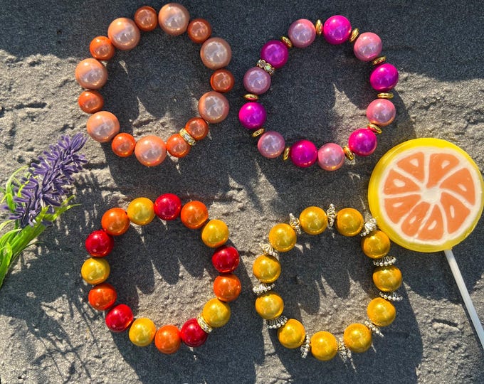 Women's Polaris Beaded Bracelet, Miracle Beads 14 mm red yellow orange beautifully bright 3D beads, striking bracelet, rainbow color