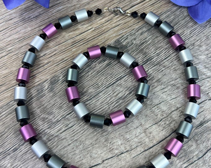 Rose silver aluminum women's necklace or bracelet with anodized rollers, length from 43 cm, Ø10 mm, multicolor, stainless steel clasp