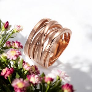 Stainless steel ring for women in rose gold with IP coating - width 15 mm - Stylish wide ring with fashionable braided structure, statement