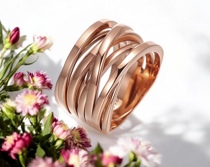 Stainless steel ring for women in rose gold with IP coating - width 15 mm - Stylish wide ring with fashionable braided structure, statement