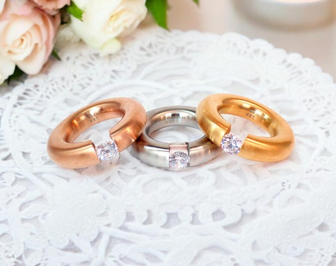 Women's stainless steel ring tension ring rose gold silver gold with IP coating, engagement ring Ø7mm white zirconia stone, matte statement wedding