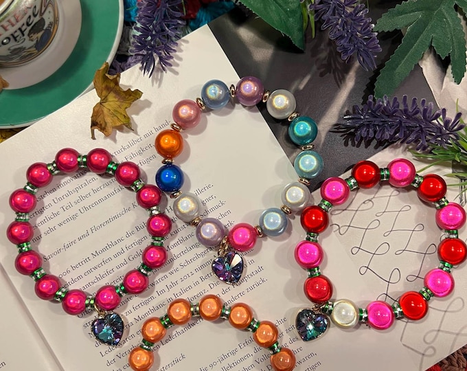 Magic Pearl Women's Beaded Bracelet, Polaris Bracelet, Miracle Beads, Ø12 or Ø14mm orange blue luminous 3D colorful, vibrant, heart pendant