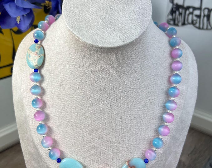 Women's Cat's Eye Pearl Necklace, Ø10mm, Turquoise, Gemstone Jewelry, Choker, Stainless Steel Lobster Clasp, Statement Piece, Necklace