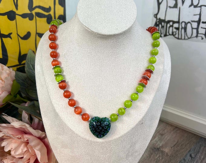 Women's necklace with green cat's eye beads, Ø10, 51 cm long, necklace, stainless steel snap clasp, orange, blue heart pendant, men's, silver
