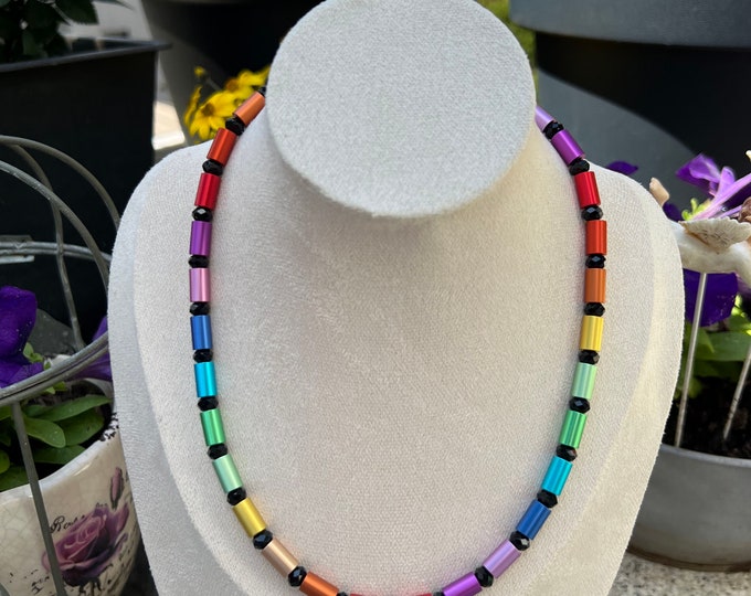 Women's necklace, anodized aluminum cylinder Ø6mm, rainbow design, unisex, roller chain, aluminum, men's rainbow necklace, 46 cm long