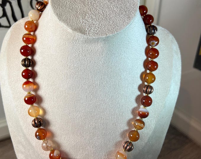 Women's Men's Necklace Carnelian Beads Brown, Handmade Elegant Jewelry, Magnetic Clasp, Ideal Birthday Gift for Her or Him