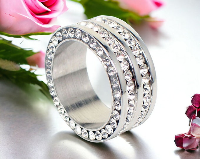 Women's stainless steel ring, silver, 10 mm wide, 4 rows, solid statement, cubic zirconia stones, matte interior