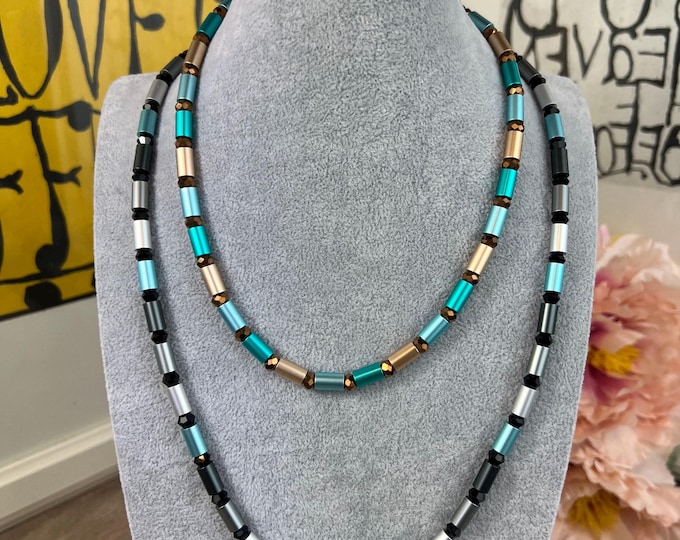 Black Turquoise Anodized Aluminum Necklace for Women and Men, Choker, Length 45 cm or 60 cm, Silver, Lobster Clasp