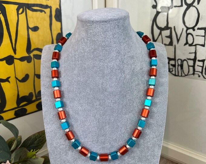 Turquoise copper aluminum women's necklace, cylinder cube chain, men's, roller chain, anodized aluminum, silver, lobster clasp