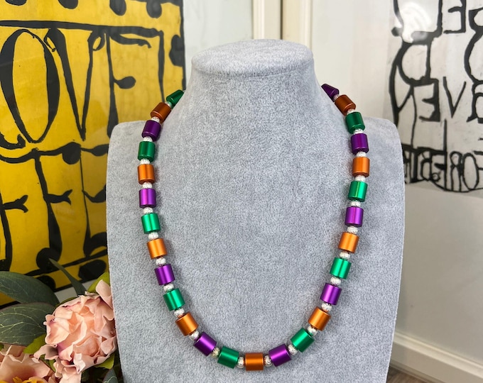 Green and violet aluminum necklace for women and men, roller chain Ø10 mm, anodized aluminum, silver, lobster clasp, length 43-51 cm