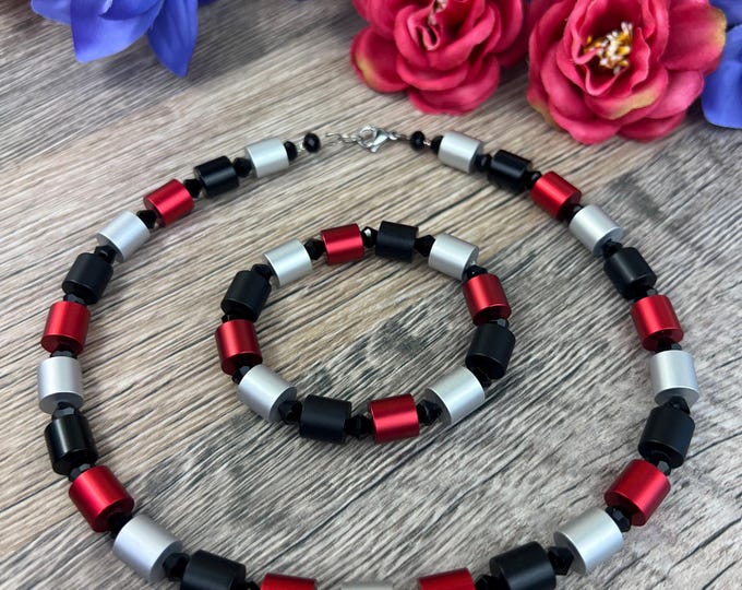 Black and red aluminum women's necklace or bracelet, anodized rollers, length from 43 cm, Ø10 mm, multicolor, stainless steel, men's
