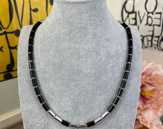 Black anodized aluminum & stainless steel roller chain, choker necklace for men and women, silver, lobster clasp