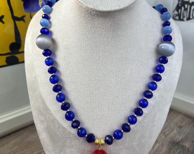 Women's necklace cat's eye pearl pendant, Ø10mm, blue gemstone jewelry, necklace, lobster clasp, statement jewelry, pendant red