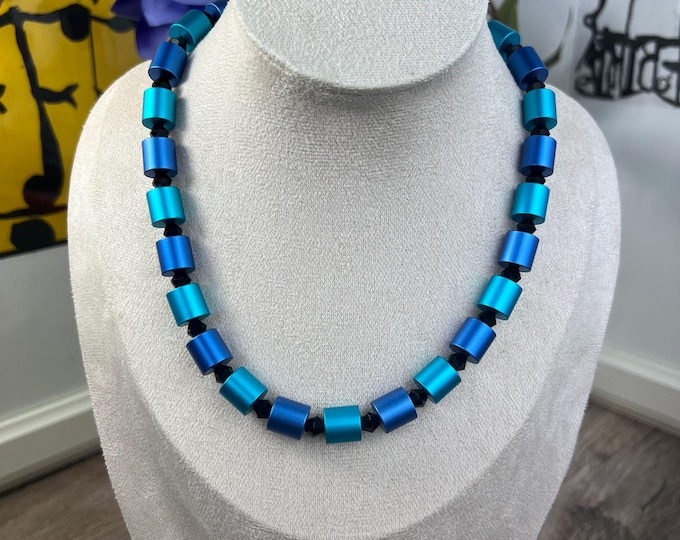 Atlantic Blue women's necklace, anodized aluminum Ø10 rollers, men's necklace, stainless steel clasp, unisex, variable length