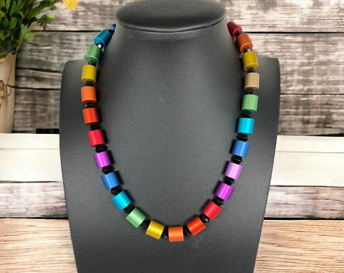 Rainbow women's necklace or bracelet, anodized aluminum rollers, length 43 cm to 46 cm, Ø10 mm, multicolor, stainless steel clasp, men's