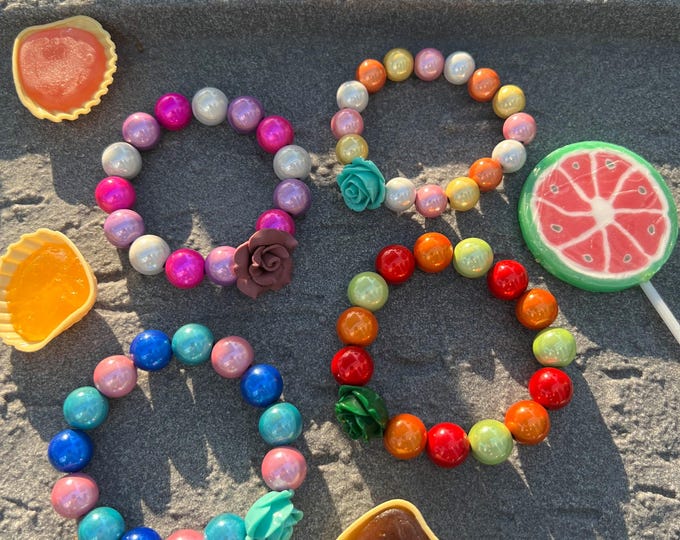 Polaris pearl bracelet, Miracle Beads 14 mm colorful, women's bracelet, 3D beads colorful striking design, rose pendant, green yellow purple stretch