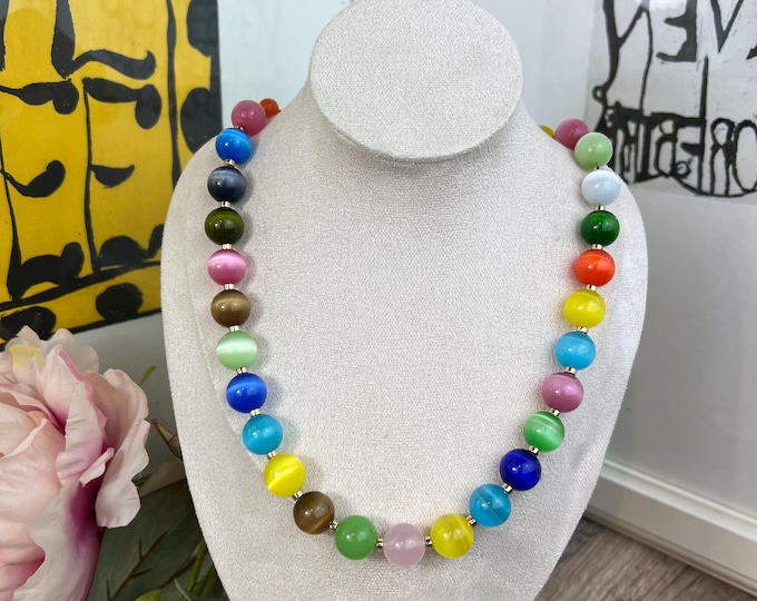 Women's Cat's Eye Pearl Necklace with Rainbow Beads, 14mm Diameter Beads, Necklace with S-Hook Clasp, 51.00 cm Long, Rainbow