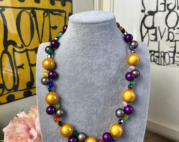 Colorful women's necklace, summer braided magic bead necklace, purple, yellow, green – Polaris Miracle Beads, 55 cm long